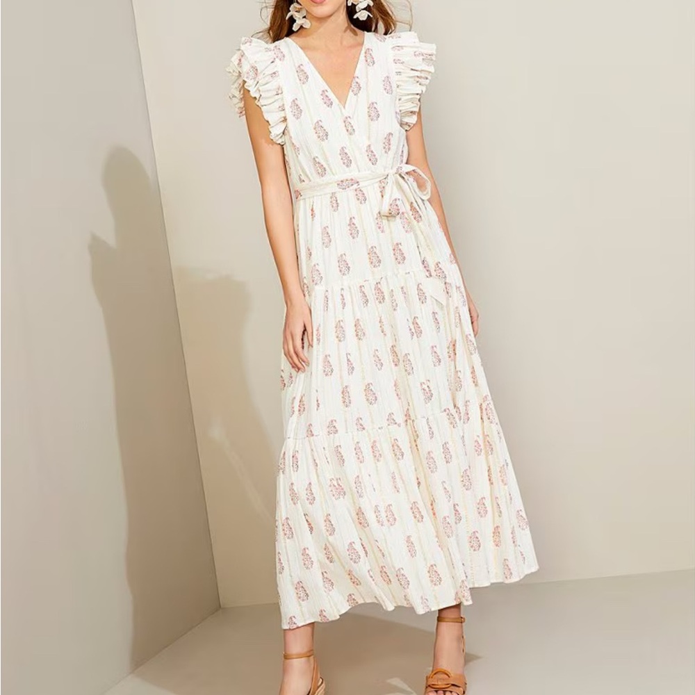 Cream and Gold Flutter Sleeve Maxi Sundress